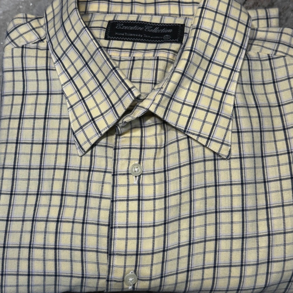 Tom James Button Down Shirt Mens XL Yellow Black Plaid Executive Collection‎ USA